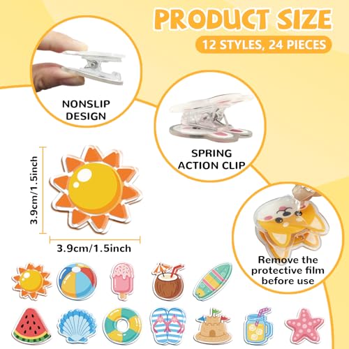 MAYJOYDIY 24Pcs 12 Styles Summer Beach Bag Clips Sun Watermelon Seashell Bag Sealer Sealing Closures Cute Starfish Acrylic Chip Clips Funny Home Office Holders for Bread Snack Storage Desk Decor - style: Summer Beach
