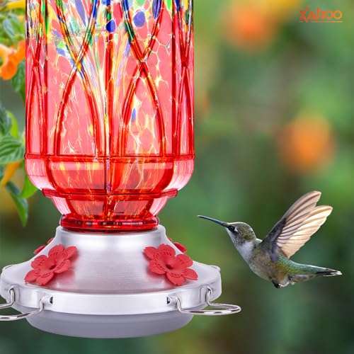 Hummingbird Feeders for Outdoors with Ant Moat, Hand Blown Glass Hummingbird Feeder, 4 Feeding Ports with Perch, Outdoor Garden Décor, 15 OZ, Red, Gifts for Mom Wife Dad Men Women - color: Red