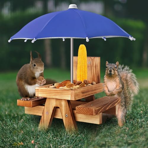 Gnodary Squirrel Feeder with Umbrella, Squirrel Feeders for Outside, Squirrel Picnic Table Feeder - Chipmunk Feeder Hold Corn, Corn Cob, Peanuts (Blue) - color: Blue