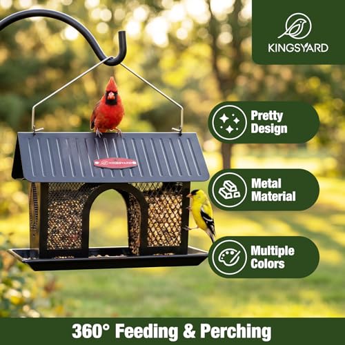 Kingsyard Wild Bird Feeder for Outdoors Hanging, All Metal | Dual-Use Mesh with 360° Feeding, Weatherproof Roof, 3 lb Seed Capacity, Garden Decor & Birding Gift, Black - color: Black