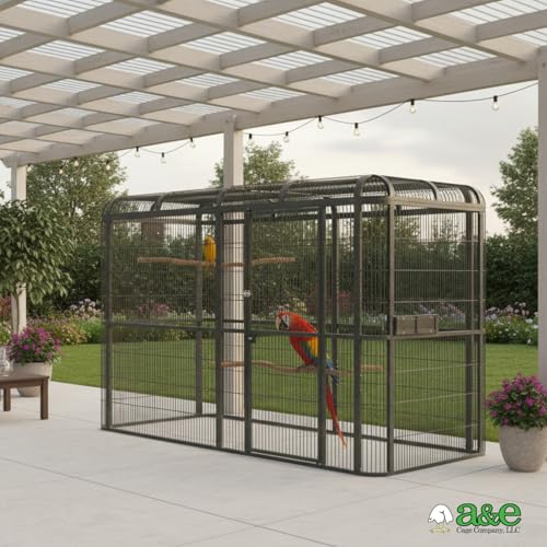 A&E Cage Co WI11062 Walk-in Bird Aviary for Macaws, 110"x62"x79" Black | 69"x25" Locking Front Door, 3 Swing-Out Feeder Doors, Stainless Steel Bowls, Powder-Coated Steel for Large Parrots - size: 110.0"L x 62.0"W x 79.0"H