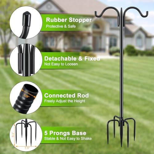 Gtongoko Bird Feeder Pole for Outdoors Heavy Duty, 2 Pack 63 Inch Double Shepherds Hook with 5-Prong Stable Base, 5/8 Inch Thick Hummingbird Feeder Stand for Hanging Plants, Lanterns - size: 63 Inch