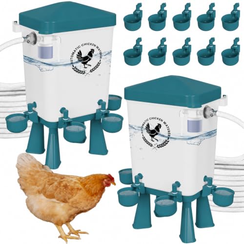2 Pack 3 Gallon Automatic Chicken Waterer with Float Valve, Poultry Waterer with 10 Chicken Water Cups, 5 FT Water Pipe, Chicken Water Feeder for Coop, Ducks, Hens, Farm, Backyard(Blue) - color: Blue, size: Auto-2pcs