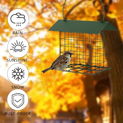Suet Cake Bird Feeder Outdoor Hanging Metal Wire Wild Bird Feeder Fat Ball Food Feeder with Metal Roof and Platform Outside Cake Suet Feeder Rainproof(Green) - color: Green