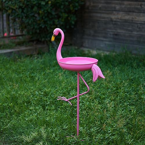 41 in Tall Flamingo Outdoor Bird Bath, Metal Bird Bath Bowl, Bird Feeder or Drinker Plate with Metal Stake, Home Garden Lawn Yard Decorations (Pink) - color: light pink