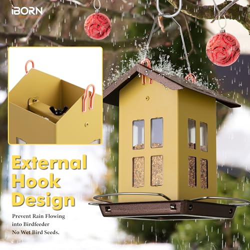 iBorn Bird Feeder House, Metal Bird Feeders for Outdoors Hanging,Double-Sided Metal Hanger & Weatherproof, Easy to Clean & Refill, 2.2 Lbs Capacity, Muted Yellow - color: Muted Yellow