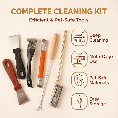 6Pcs Bird Cage Cleaner Brush Kit - Bird Poop Remover & Cage Cleaning Tools Set, Stainless Steel & Nylon Brushes for Parakeet, Budgie, Parrot & Small Animal Cages, Multi-Size for Deep Cleaning