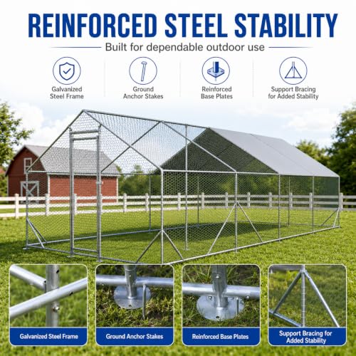 Large Metal Chicken Coop Run with Removable PE Cover, Walk-in Galvanized Steel Poultry Enclosure with PVC-Coated Wire Mesh and Lockable Door for Chickens, Ducks and Rabbits (10'Lx26' W x6.56' H) - size: 312.0"L x 120.0"W x 78.7"H