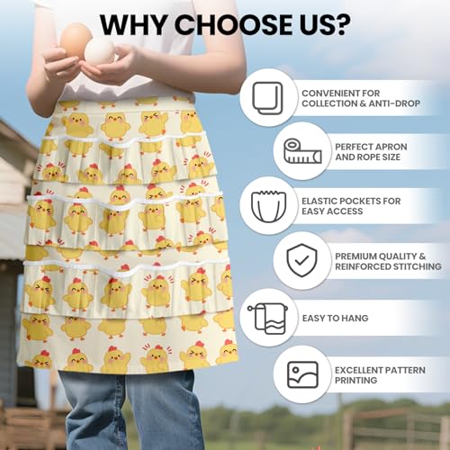 CUTHOLLOW Egg Collecting Apron for Adlut, Housewife, 18 Deep Pockets Hen Egg Gathering Holding Apron with Elastic Closures - style: Cartoon Chicken