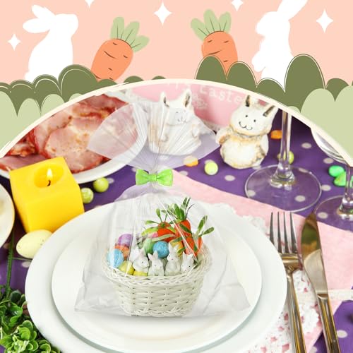 Cinnvoice 24 Sets Mini Easter Party Favor Supplies, Mini Easter Baskets with Eggs, Bunnies, Carrots, Grass & Opp Bags for Spring Egg Hunts, DIY Crafts (White) - color: White