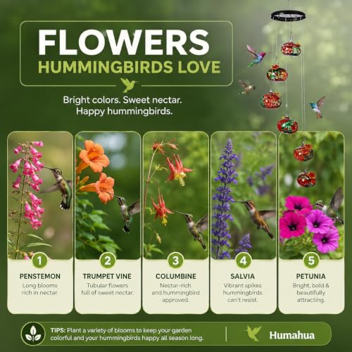 Humming Bird Feeders for Outdoors, Ant Proof Hummingbird Feeder, Weather Resistant Hummingbird Feeder Glass, No Leak Humming Bird Feeder Glasses, Bebedero para Colibri, 6 Hand-Blown Glass Ports
