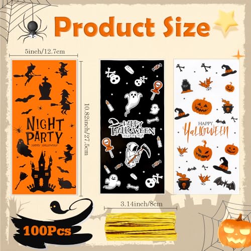 100 PCS Halloween Treat Bags(5x11 Inch) with Tie, Plastic Halloween Bags for Candy Goodie Goody Cookie Gift Wrap Night Party Favors Supplies Decorations Ghost Witch Castle Pumpkin Cellophane Pouch - color: 100 halloween bags