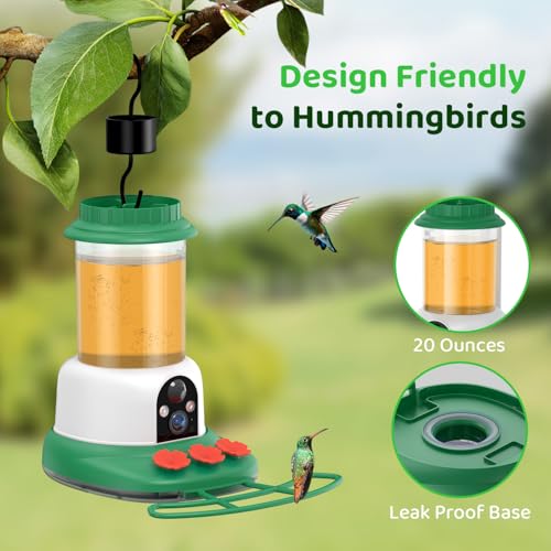 SEHMUA Smart Hummingbird Feeder with Camera, Solar Powered Humming Bird Camera Feeder with 1-Year AI Bird Identification Trial, Ant Moat & Bee-Proof, Outdoor Hanging, Gift for Bird Watching - color: Green