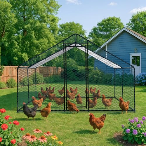 VINGLI Large Metal Chicken Coop, 9.8x9.8x6.5 ft Poultry Cage for Chicken Run, Walk-in Chicken Pen with Waterproof & Anti-UV Cover for Yard Outdoor (Black-Spire Roof) - color: Black-Spire Roof, size: 9.8*9.8*6.5 ft