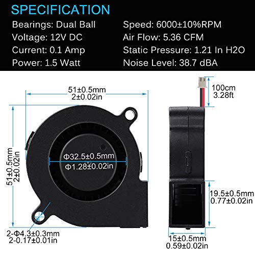GDSTIME 5015 Blower Fan 12V 50mm x 15mm 2-Pin Dual Ball Bearing 2-Pack | Replacement for 3D Printer Part Cooling Fan, Audio Amplifier, Humidifier, 12 Volt DC Brushless, Long Wires (3.3 FT/1 m) - size: 50mm x 15mm
