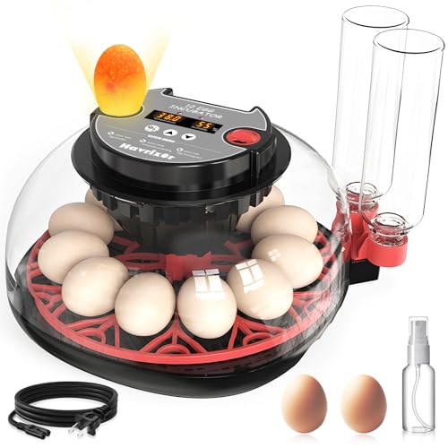12 Egg Incubator for Hatching Eggs with Fully Automatic Egg Turning, Humidity Control by Bottles, Incubators for Chicken, Ducks, Quail, and Other Poultry Eggs, 360° View with Clear Window