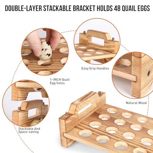 Stackable Wooden Quail Egg Holder Countertop-Expandable Storage Rack with 4 Bonus Egg Cups | Solid Wood Tray with Secure Interlocking Dowels for 48 Fresh Quail & Pigeon Eggs (Single or Multi-Tier Use)