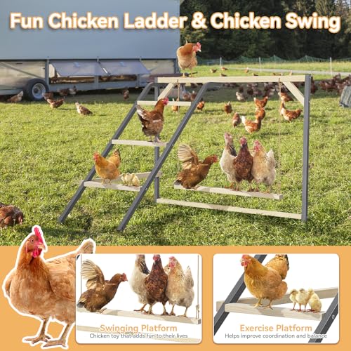 PETSFIT Chicken Perch, Solid Wood & Rustproof Iron Roosting Bar with Swing | Fits 8-10 Chickens, Promotes Natural Exercise, Easy to Assemble and Clean, Backyard Coops and Farms, All-Weather Outdoor Use - size: 43"Lx36"Wx32"H