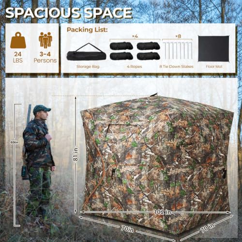 Portable Hunting Blind - 270°/360°See Through with Waterproof Floor Mat | Detachable Ground Mat, Silent Adjustable Windows, Pop Up Ground Blind for 2-4 Person, Camouflage Shelter for Turkey Deer - size: 3-4 Person（360° See Through）