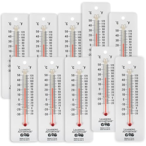 LEARNING ADVANTAGE Student Thermometers, Set of 10, Dual-Scale | Mercury-Free, Easy to Read, Indoor Science and Classroom Use