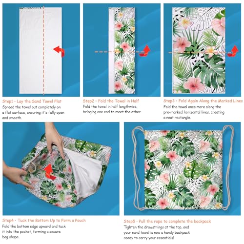 2 in 1 Beach Towel Bag Green Tropical Leaf Beach Backpack Towel - color: Tropical Leaves Green