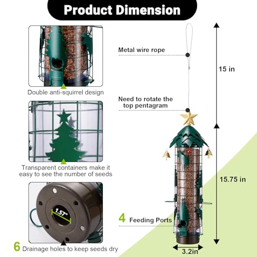 Squirrel Proof Bird Feeders for Outdoors Anti Squirrel Buster Hanging Metal Mesh Wild Bird Seed Feeder with Weight-Activated Perches, 4 Feeding Ports, 2.5LB Capacity, Green | Anti Squirrels Buster Hanging Wild Bird Seed Feeder, Weight-Activated, Chew Resi
