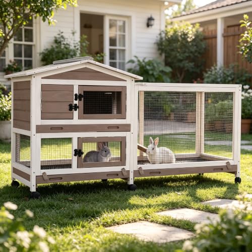 GUTINNEEN Rabbit Hutch with Chew-Resistant Ramp Indoor Bunny Cage Outdoor Guinea Pig Cage with Wheels and Leakproof Tray - size: 62.0"L x 22.6"W x 33.5"H