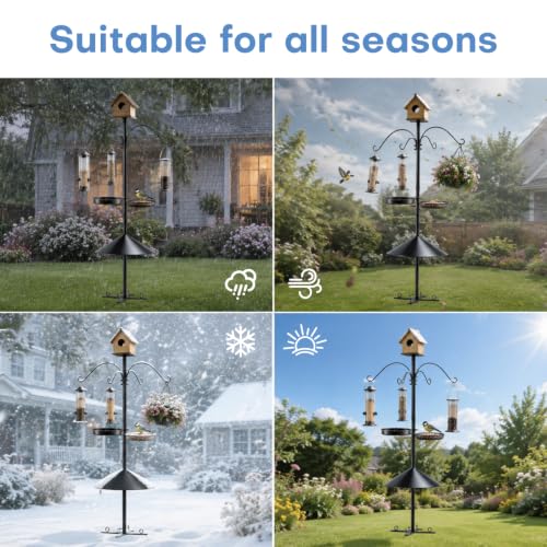 92 Inch Squirrel Proof Bird Feeder Pole with X shape Base Plate, Heavy Duty 1 Inch Dia Bird House Pole, Adjustable Multi-Hook Bird Feeding Station with Squirrel Baffle, Water Bowl & Mesh Tray