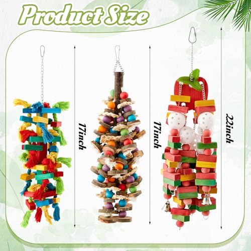 Seenelling 3 Pcs Extra Large Bird Toys for Parrots, Block and Ball | Multicolored Natural Wooden Blocks & Beads Bells, Bird Cage Chewing Toys for Large Medium Macaws African Grey Cockatoos - style: Block and Ball