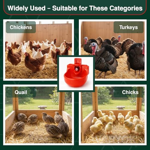 Heavy Duty 12-Pack with Cups Chicken Water Nipples Automatic Chicken Waterer Nipple Horizontal Leak Proof Stable for Poultry Coop Quail Chicks Turkeys Peacocks and Fits 5-Gallon Bucket, PVC Pipes