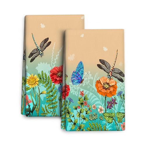 Dragonfly Floral Kitchen Towel Decorative Set of 2 Tea Towel 16"x24" | Soft Absorbent Spring Summer Kitchen Decor Bloom Flowers Dish Towels for Kitchen Drying Farmhouse Bathroom Home Decor - color: Dragonfly Floral