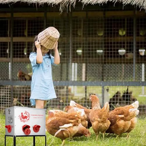 1pc 40 lb Chicken Feeder Box-6 Ports Large Metal Automatic Chicken Feeder Rat Proof with Locking Lid and Legs Galvanized for Chickens, Ducks, Geese(T1)