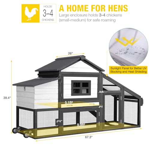 Aivituvin Chicken Coop with Run and Wheels, Mobile Outdoor Hen House Wooden Poultry Cage with Waterproof Roof (Black, AIR23) - color: Black, size: 67.3"L x 26.0"W x 39.4"H