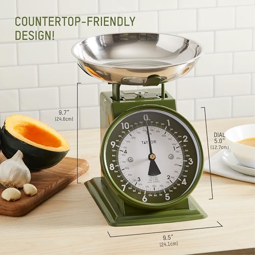 Taylor Analog Kitchen Scale, Stainless Steel Mechanical Food Scale with Removable Bowl, 11 lb Capacity, Large 5-Inch Dial, Battery-Free Design for Baking and Meal Prep - color: Green, size: Small