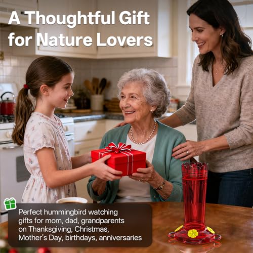 Plastic Hummingbird Feeder 14 Oz Humming Bird Feeder for Outdoors | Ant&Bee Proof Leak-proof Nectar Feeders with 4 Flower-shaped Feeding Ports and Perches, Gifts for Mom, Dad, Grandparents-Red - color: Red, size: 1 Pack