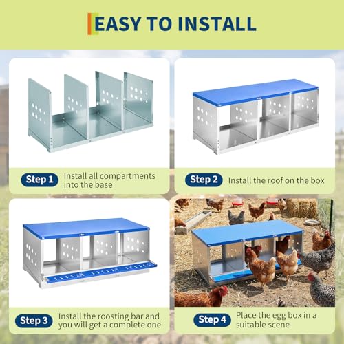 GarveeLife 3 Compartment Chicken Nesting Box,Heavy Duty Galvanized Steel Rustproof Laying Box for Hens Ducks,Anti-Peck Rustproof Nest Boxes 37.8" l x 18.9" w x 15.75" h Blue