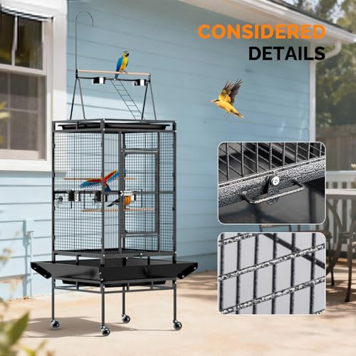 VINGLI 83 Inch Bird Cage with Play Top, Large Wrought Iron Bird Cage with Wheels, Rolling Parakeet Cage with Removable Tray for Cockatiels Lovebird Finches Canaries