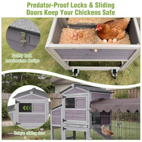 GUTINNEEN Large Wooden Chicken Coop with Run for 4–6 Chickens, Outdoor Chicken House with Wheels, Nesting Box & Removable Tray, Waterproof Asphalt Roof, Steel Frame Poultry Cage - size: 79.1"L x 25.2"W x 43.6"H