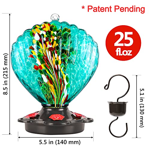 LUJII Seashell Shaped Hand Blown Glass Hummingbird Feeder for Outdoors Hanging, Rust Proof & Leak Proof, 25 fl.oz, Unique Gardening Gift for Women, Garden & Backyard Decor, Teal - color: Teal