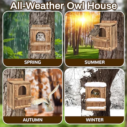 Large Owl House with Wood Shavings, Carbonized Pine Wood Nesting Box | Outdoor Owl Nesting Box with Ventilated Design and Easy Cleaning Access for Barred Owls, Screech Owls and Backyard Wildlife