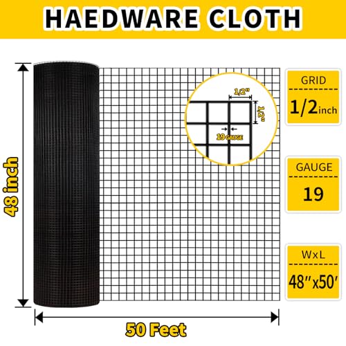 Hardware Cloth, 1/2 inch 48" x 50' Galvanized Chicken Wire Fence, 19 Gauge Vinyl Coated Wire Mesh Roll, Black Welded Wire Fencing Roll Gopher Wire Mesh Roll for Garden Fencing Rabbit Snake Wire - color: 48" x 50' Black