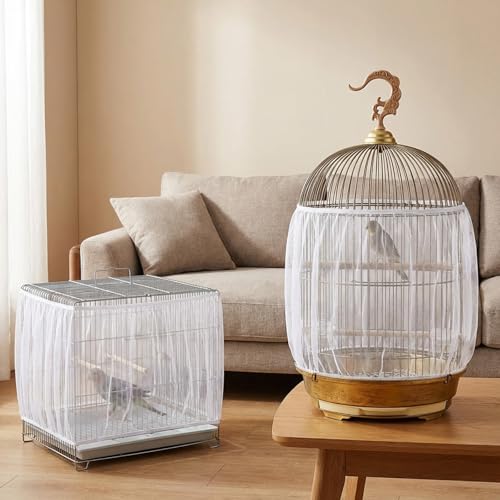 2 Pcs Bird Cage Cover Universal Bird Cage Seed Catcher, Breathable Nylon Mesh Net Cover Adjustable Soft Airy Cages Net Stretchy Skirt for Round Square Cages