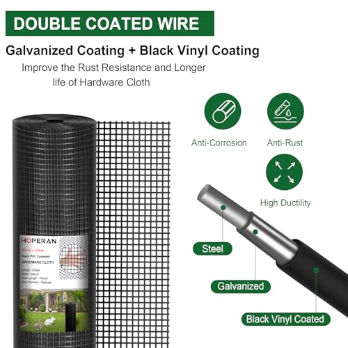 HOPERAN Black Hardware Cloth 1/2 Inch 48 x 50 Ft 19 Gauge Chicken Wire | Vinyl Coated, PVC Coated Welded Mesh Roll, for Garden Fencing Gopher Wire Rabbit Cage Poultry Netting - size: 1/2inch 48in×50ft