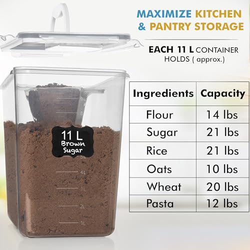 Shazo 2 PC (11L | 372 oz) Flour Sugar Storage Containers with Easy Carry Handle - Plastic Extra Large Food Storage Containers with Lids for Rice Cereal, BPA Free & Airtight Kitchen Pantry Organization - color: Gray