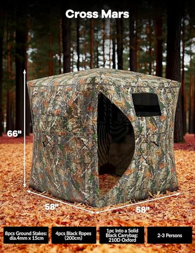 Hunting Blind 270 Degree See Through Ground Blind for Turkey Deer Hunting, 2-3 Person Camouflage Pop Up Hunting Blinds Ground Waterproof Portable Concealed Shelter with Silent Door and Carrying Bag