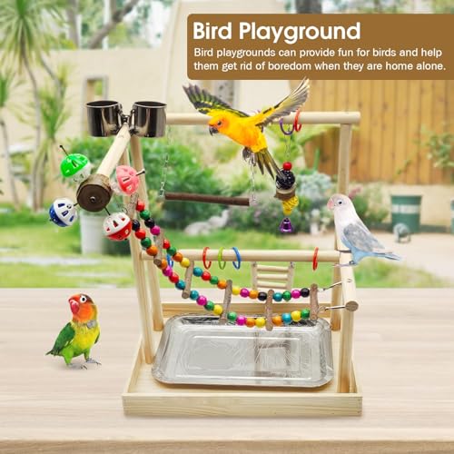 PINVNBY Bird Playground Parrot Playstand Play Gym Cockatiel Wood Bird Toys Birds Cage Accessories Playpen Ladder with Feeder Cups Hanging Swing Toys for Parakeet Conure Lovebird Cockatiel - size: Two Floors With Wooden Bridge