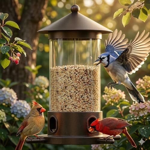 Metal Bird Feeder for Outdoor Hanging - Premium Iron Wild Bird Feeders, Bronze Heavy Duty Iron with Drainage Holes, One-Handed Refill Sliding Roof, Elegant Minimalist Garden Decor