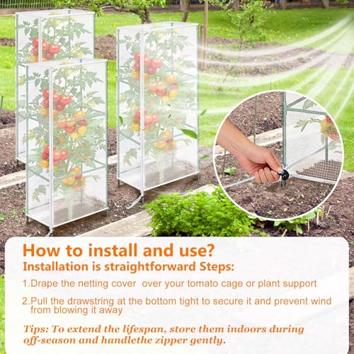3Pack Garden Netting Cover for Square Tomato Cage, 60"x18.5"Bird Netting Barrier with Zipper Drawstring Tomato Trellis Net Mesh Climbing Plant Cover for Protecting Vegetable Fruits from Animals Insect