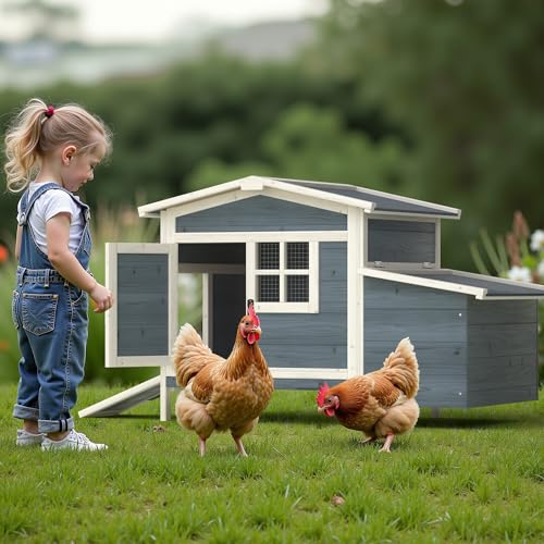GOJOOASIS Chicken Coop for 2 Chickens Raised House with Ramp & Nesting Box | Outdoor Wooden Hen House for Small Animals, Backyard Chicken Hutch Poultry Cage, Waterproof Roof, Easy-Clean Tray, Grey - color: Grey