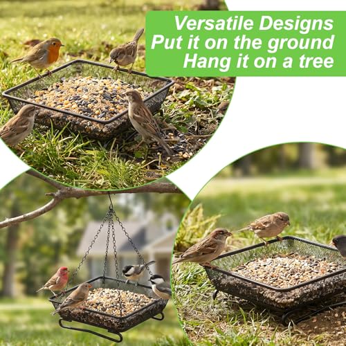 2 Pcs Railing Bird Feeder Tray for Balcony Deck Railing Bird Feeder Tray for Balcony 6.9 x 6.9 x 2.3 Inch Platform Bird Seed Tray with 4 Elastic Ropes & 2 Scoops for Outside Wild Birds or Squirrels